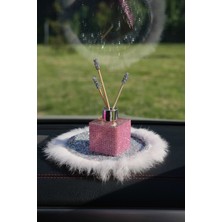 Tasarım Arabam Gümüş Pullu Gümüş Kordon Pudra Tüy Kaymaz Ped & Pembe Kare Kavanoz Koku Set