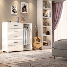 Dekorex SFR-104-BEYAZ -Beş Çekmeceli Giysi Raylı Yüksek Şifonyer
