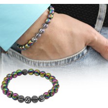 Tesbihname Multicolor Hematit Metal Kombinli Kişiye Özel Isim Yazılı Küre Kesim Doğaltaş Bileklik
