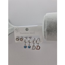Stainless Steel Çelik D Harf Nazar Boncuklu 6 Lı Küpe Seti