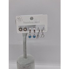 Stainless Steel Çelik D Harf Nazar Boncuklu 6 Lı Küpe Seti