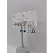Stainless Steel Çelik D Harf Nazar Boncuklu 6 Lı Küpe Seti
