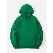 Sweetline Desensiz Düz Sweatshirt - Nefti Yeşil Oversize Kışlık Kalın Kapüşonlu