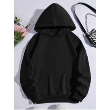 Sweetline Desensiz Düz Sweatshirt - Siyah Oversize Kışlık Kalın Kapüşonlu
