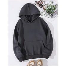 Sweetline Desensiz Düz Sweatshirt - Füme Oversize Kışlık Kalın Kapüşonlu