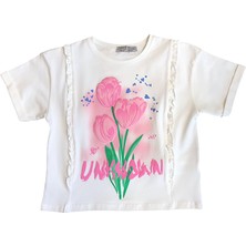 Little Star Kız Çocuk Çiçek Baskılı Fırfır Kenarlı Tshirt