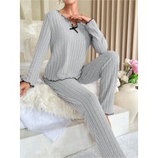 Bella Notte Gri Pamuklu Fiyonk Detaylı Pijama Takımı