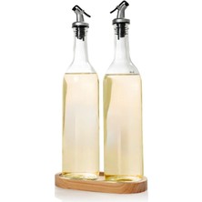 Mavi Trend 2'li Ahşap Stantlı Damlatmaz Zeytinyağı Sıvıyağ Şişesi Cam Yağdanlık Seti 750ML