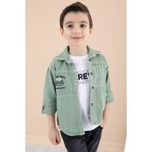 Cansın Mini Erkek Çocuk Yeşil Yazı Baskılı Tişörtlü Ceket Regular Fit Fermuar Cepli Şık Tasarım