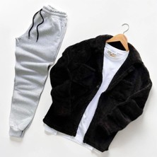 Unisex Pelüş Ceket ve Siyah Eşofman Kombini Alt Üst