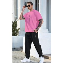 MEİLİFENG Erkek Pembe Dikey Baskılı T-Shirt Eşofman Takımı