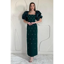 Elbee Fashion Woman Zümrüt Kolu Garnili İşleme Detaylı Elbise