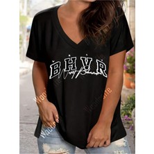 Woodroffe Kadın V Yaka Salaş Baskılı Oversize Boyfriend T-Shirt