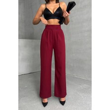 Neşeli Butik Kadın Bordo Beli Cırtlı Palazzo Kumaş Pantolon NBG063