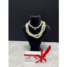 Amor Face Özel Tasarım Tek Zirkon Taşlı Porselen Boncuk- Inci Gerdanlık Zarif Kadın Kolye