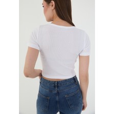 Wearflawless Kadın Bisiklet Yaka Fitilli Kısa Kol Body Crop Bluz