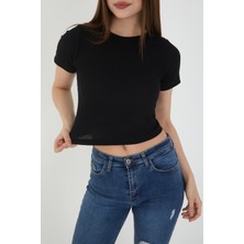 Wearflawless Kadın Bisiklet Yaka Fitilli Kısa Kol Body Crop Bluz