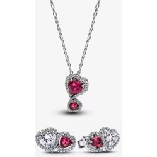 Poseidons Jewellery Gümüş Kırmızı Hale Kalp Kolye ve Hale Kırmızı Beyaz Çivi Küpe Seti