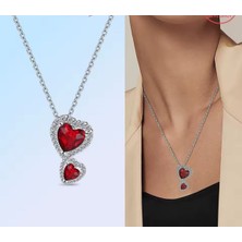 Poseidons Jewellery Gümüş Kırmızı Hale Kalp Kolye ve Hale Kırmızı Beyaz Çivi Küpe Seti