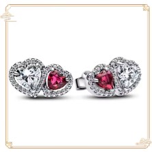 Poseidons Jewellery Gümüş Kırmızı Hale Kalp Kolye ve Hale Kırmızı Beyaz Çivi Küpe Seti