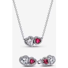 Poseidons Jewellery Gümüş Hale Kalpler Kırmızı Beyaz Taş Kolye ve Çivi Küpeler Seti