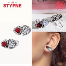Poseidons Jewellery Gümüş Hale Kalpler Kırmızı Beyaz Çivi Küpeler