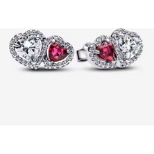 Poseidons Jewellery Gümüş Hale Kalpler Kırmızı Beyaz Çivi Küpeler