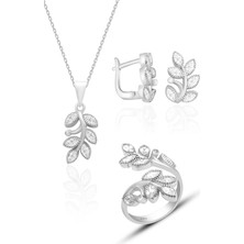 Silvera Telkari Gümüş Rodyumlu Zirkon Taşlı Yaprak Model Gümüş Üçlü Set ST132