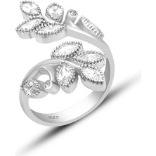 Silvera Telkari Gümüş Rodyumlu Zirkon Taşlı Yaprak Model Gümüş Üçlü Set ST132