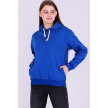 Tshirthane Mavi Basic Oversize Kadın Kapüşonlu Hoodie 3 iplik Sweatshirt