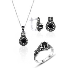 Silvera Telkari Gümüş Oniks Taşlı Markazit Model Gümüş Üçlü Set 925 Ayar ST137