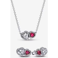 Lines Bijuteri Gümüş Hale Kalpler Kırmızı Beyaz Taş Kolye ve Çivi Küpeler Seti