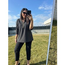 Charamela Kadın Büyük Beden Siyah - Beyaz  Puantiye Baskı Detaylı Viskon Kumaş Örme BLUZ-BGB117