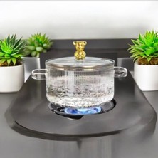 Karacabey Ticaret Morponi Borosilikat Gold Cam Metal Çerçeveli Cam Kapaklı 1700 ml Cam Tencere Ayıcık Temalı