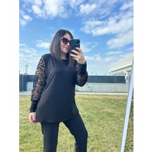 Kadın Büyük Beden Dantel Desenli Tül Kol Detaylı BLUZ-BGB116