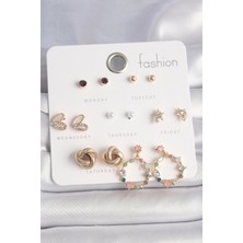 Ezo Concept Pirinç Gold Renk Renkli Zirkon Taşlı Kalp Detay 7 Çift Kadın Küpe Seti