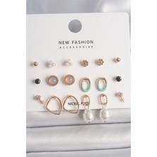 Ezo Concept Pirinç Gold Renk İncili Halka Model 9 Çift Kadın Küpe Seti