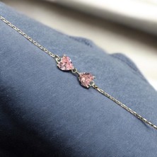 Bluevell 925 Ayar Gümüş 2'li Pembe Zirkon Taşlı Kalp Bileklik