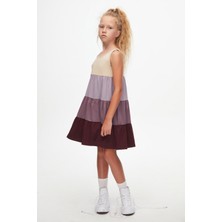 Kemik-Vişne Çürüğü Kat Kat Renkli Kız Çocuk Büzgülü Askılı Elbise