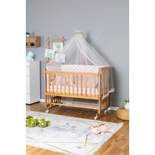 Bamgidoo Ahşap Beşik Anne Yanı Beşik Vernikli 60X120 - Pembe Balina Uyku Seti + Yataklı + Tekerlekli