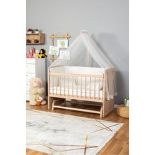Ahşap Beşik Anne Yanı Beşik Organik (Boyasız) 60X120 - Krem Güpür Uyku Seti Yatak