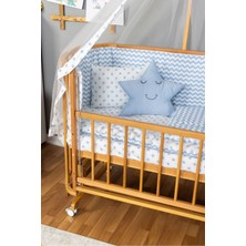 Bamgidoo Ahşap Beşik Anne Yanı Beşik Doğal (Vernikli) 60X120 Mavi Yıldız Uyku Seti Yatak Tekerlekli