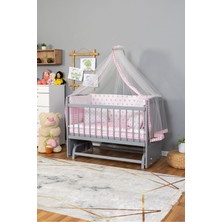 Ahşap Beşik Anne Yanı Beşik Gri 60X120 - Pembe Yıldız Tek Yastık Uyku Seti + Yatak