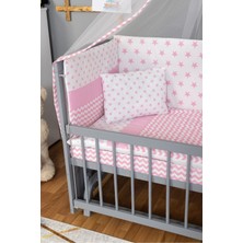 Ahşap Beşik Anne Yanı Beşik Gri 60X120 - Pembe Yıldız Tek Yastık Uyku Seti + Yatak