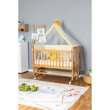 Bamgidoo Ahşap Beşik Anne Yanı Beşik Vernikli 70X130 - Sarı Yıldız 3 Yastıklı Uyku Seti + Yataklı+Tekerlekli