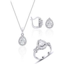 Silvera Telkari Gümüş Rodyumlu Zirkon Taşlı Damla Model Gümüş Üçlü Set ST146