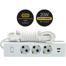Günsan Elektrik Günsan 20W QC3.0 PD Type-C + USB Çift Çıkışlı Üçlü Çocuk Korumalı Topraklı Anahtarlı Grup Priz 3 Metre