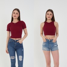 Wearflawless 2'li Adet Fitilli Kısa Kol ve Askılı Body Crop Bluz Seti