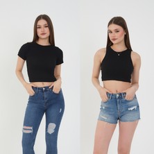 Wearflawless 2'li Adet Fitilli Kısa Kol ve Askılı Body Crop Bluz Seti