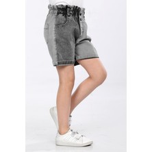 % 97 Pamuk-Denim-Jeans-Yüksek Bel-Lastikli-Sahte Çıtçıtlı-Bel Karneli-Iki Renkli Kız Çocuk Şortu